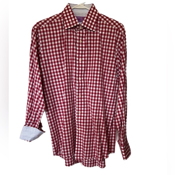 Lorenzo Uomo, Trim Fit, French Cuff, Red Checkered Dress Shirt Men’s 15.5 32/33 - Picture 1 of 4